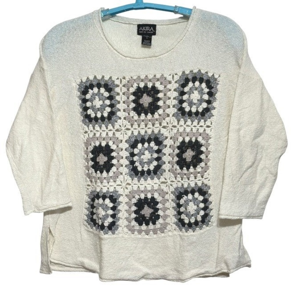 Akira Art To Wear Women Crochet Granny Square Knit Sweater‎ Cream Cottagecore L